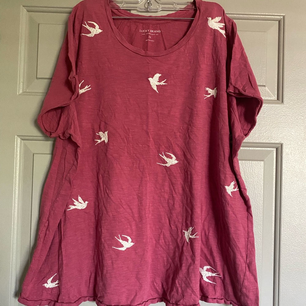 Lucky brand pink shirt with crochet birds